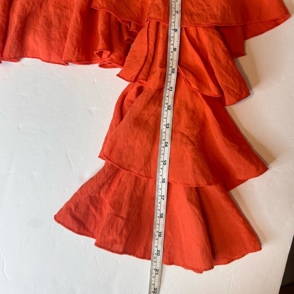 PRETTYLITTLETHING BRIGHT ORANGE WOVEN BARDOT TIERED SLEEVE CROP TOP SIZE 8 - Picture 10 of 14